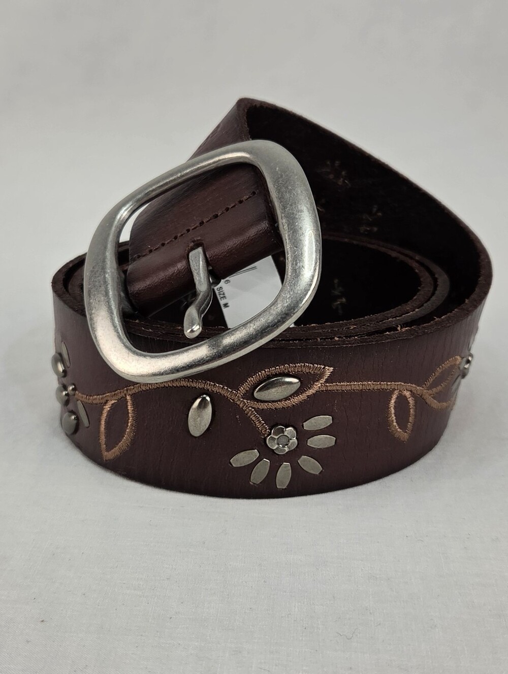 Fossil Dark Brown Floral Stud Leather Belt with Silver Buckle